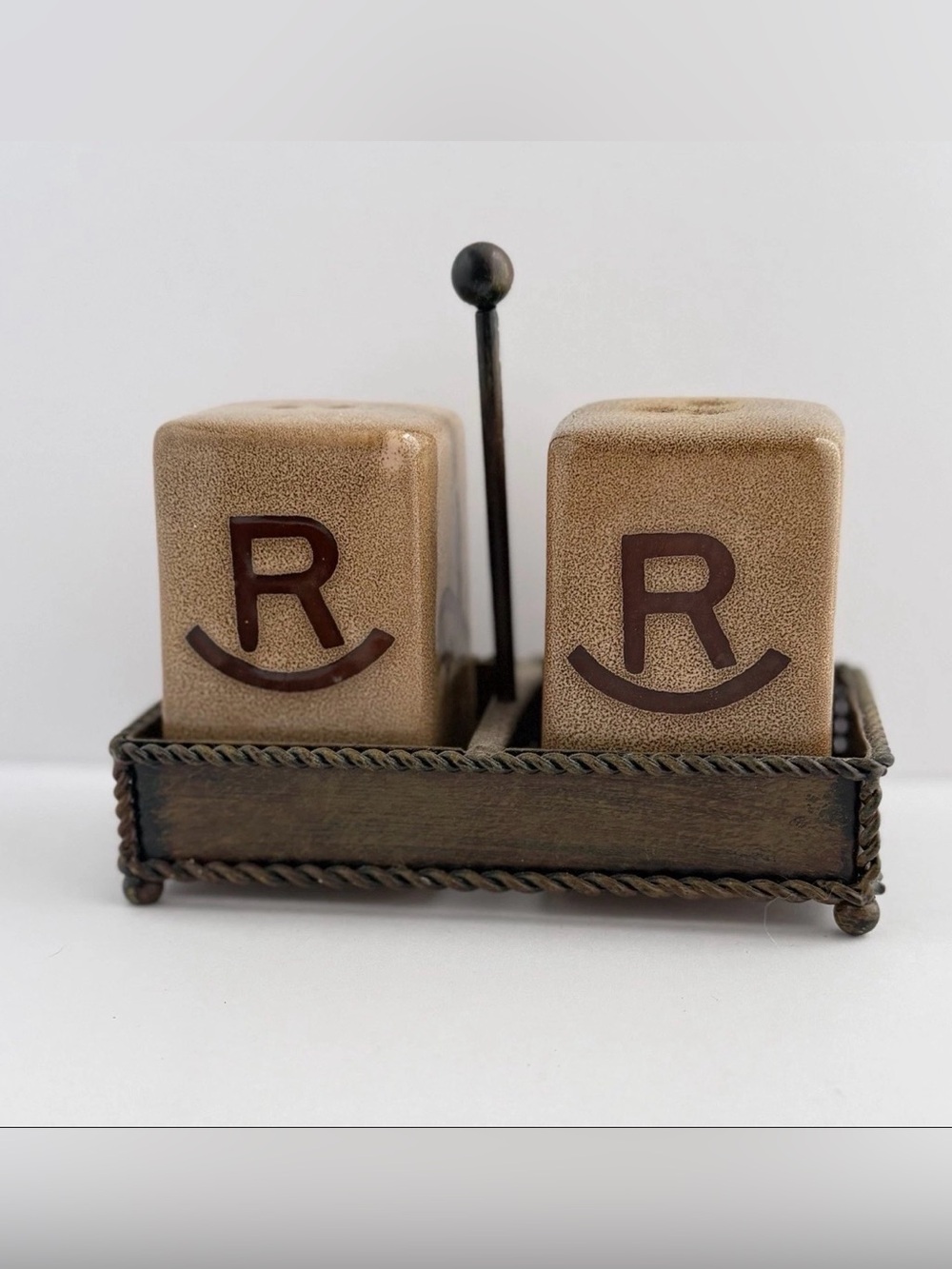 Vintage Rustic Country Western Brown Salt & Pepper Shakers Ceramic Branded